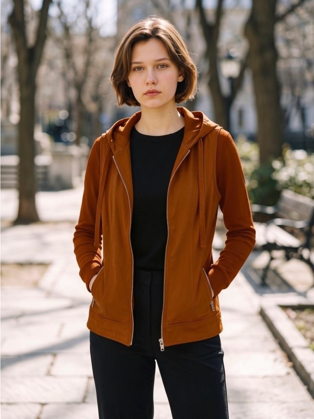 Women’s Sleeveless Hooded Zip Up Vest Rust Casual Layer Fall Autumn Size-L NIB